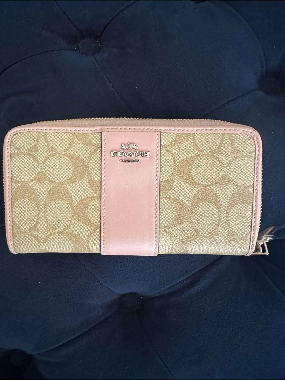 Coach Tan Signature Canvas Wallet with Pink Trim - Picture 1 of 10